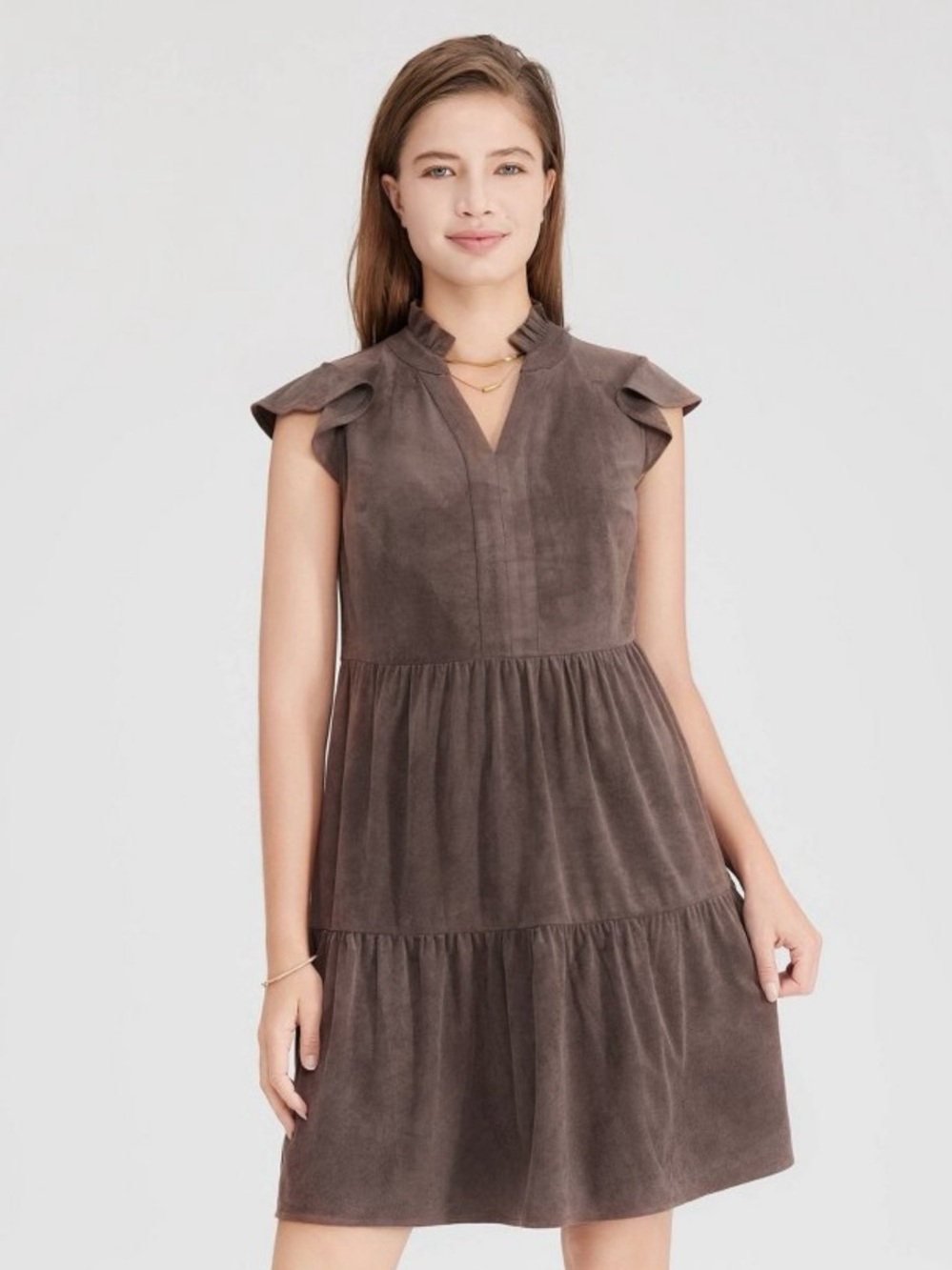 Faux Suede Flutter Short Sleeve Mini Tunic Dress